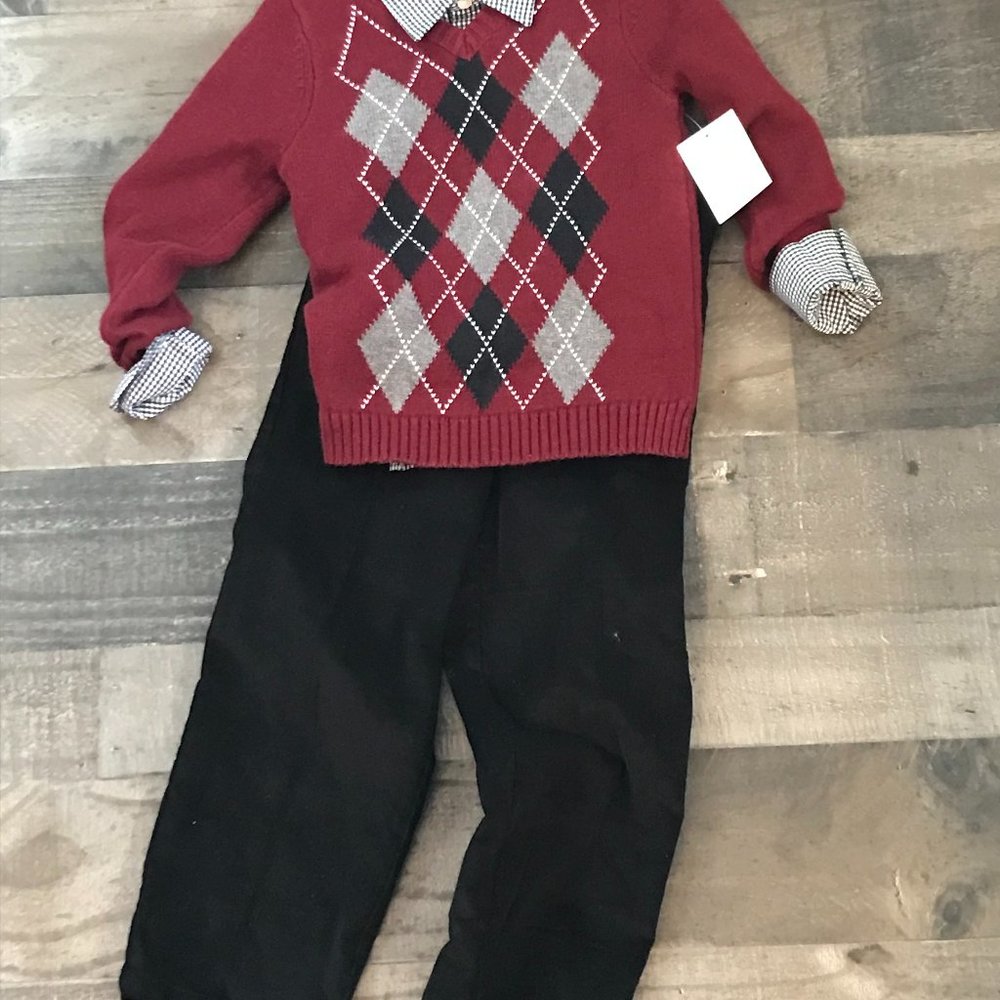 Burgundy Argyle Seater, Shirt & Pant Set